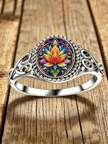 Vintage Style Mandala Lotus 2D Pattern Women's Fashion Ring, Carved Texture Hypoallergenic Skin-Friendly Jewelry, Suitable For Daily Wear - Ring - View 1
