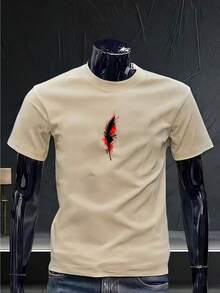 Camiseta Minimalista para Hombre con Estampado de Plumas en Tinta Negra y Roja, Cuello Redondo, Estilo Casual de Verano, Ropa Urbana Moderna para Uso Diario - Negro - Ver 8