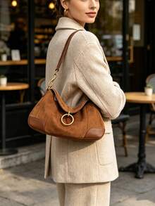1pc Camel Color Suede Patchwork Shoulder Bag, Niche Design Underarm Bag, Round Pendant Handbag, Fashion Commute Vintage Texture Women's Bag, Daily Casual Clutch - Camel - View 4
