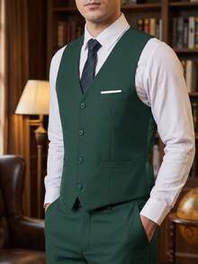 Vest For Men Solid Formal Suit Waistcoat With Wide Pockets For Business Wedding Party To Match Men Suits - Dark Green - View 10