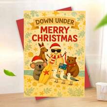 1 Greeting Card + 1 Envelope Cheerful Australian Christmas Greeting Card, Beach Animals With Surfboard "Down Under Merry Christmas", For Friends, Summer Holiday Vintage Style Festive Card. - View 5