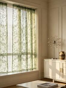 1pc Green Jacquard Leaf Pattern Transparent Curtain, Semi-Sheer Rod Pocket Kitchen Curtain With Grommets, Easy To Hang, Perfect For Bedroom, Living Room, Office Decoration, Home Decor Curtain (200g Fabric Weight) - Multicolor - View 2