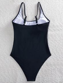 Novo Maiô Feminino de Cor Sólida Casual Elegante em Tecido de Malha com Amarração e Contas, Adequado para Praia & Resort, Preto, Férias de Verão - Preto - Visão 7