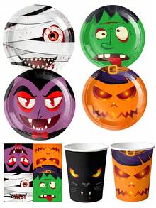 10pcs Halloween Ghosts And Goblins Combo Theme Cartoon Party Tableware Birthday Party Tableware Disposable Paper Plates Paper Cups Paper Towels Halloween Ghosts And Goblins Combo - Multicolor - View 1