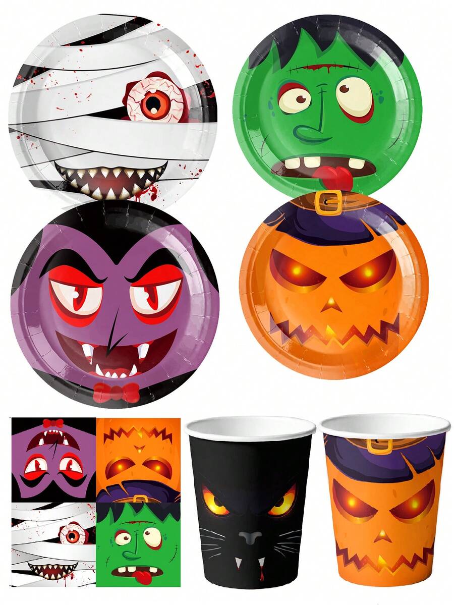 10pcs Halloween Ghosts And Goblins Combo Theme Cartoon Party Tableware Birthday Party Tableware Disposable Paper Plates Paper Cups Paper Towels Halloween Ghosts And Goblins Combo - Multicolor - View 1