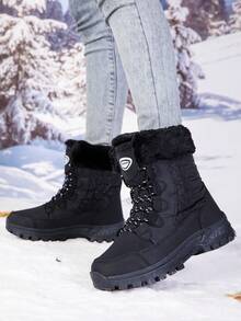 2026 Winter Damen Outdoor Mode Lässig Sport Stiefel, Dicke warme Mittelhohe Schneestiefel mit Patchwork Schnürdesign - Schwarz - Übersicht 3