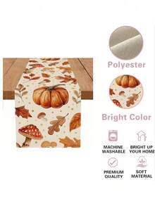 Autumn Farmhouse Style Linen Table Runner - Pumpkin, Mushroom, Leaf And Gold Polka Dot Pattern - Woven Rectangular Thanksgiving Kitchen Dining Room Decor - 1pc, Multiple Sizes Available - Orange - View 6