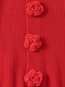 Romantic Pink Round Neck Knit Cardigan 3D Rose Fasteners Ruffle Edge Long Sleeve For Fall Holiday Brunch City Strolls - Red - View 8