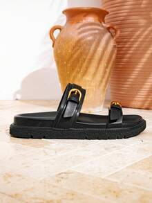 صنادل نسائية بحزام مزدوج الإبزيم، صنادل صيفية كاجوال مفتوحة الأصابع بقاعدة مسطحة ومنصة - الأسود - مشاهدة 6