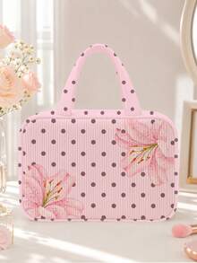New Polka Dot Makeup Bag, Toiletry Bag, Travel Organizer Bag, Lightweight Portable Handheld Travel Makeup Storage Bag, Toiletry Bag, Fresh Daily Storage Bag, Compact Portable Style, Corduroy Material, Polka Dot Print Decoration, Top Handle Makeup Bag, Minimalist Casual Large Capacity Commuter Bag, Fashion Polka Dot One Shoulder Handbag, Suitable For Daily Wear - Multicolor - View 2