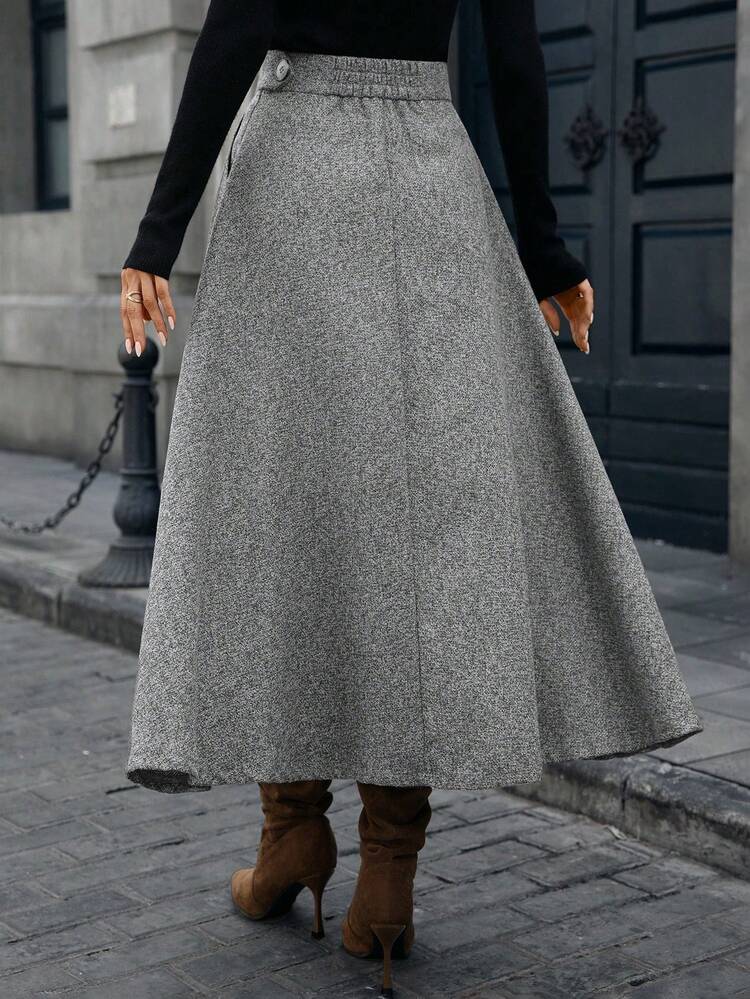 Mobula Sound#Spring/Autumn Versatile Fashion Tweed Button Zipper Evening Date Wedding Photo Shoot Full Skirt Women's Skirt - Light Grey - View 3