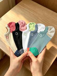 5 Pasang Kaos Kaki Wanita Model Pendek Tak Terlihat, Kaos Kaki Model Boat dengan Motif Wajah Tersenyum Warna Kontras, Kaos Kaki Tak Terlihat yang Bernapas, Cocok untuk Sepatu dan Sandal Bersol Kayu - MultiWarna - View 1