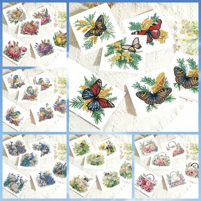 6pcs DIY Diamond Painting Greeting Card Set, Butterfly, Bird, Peacock, Bee, Rabbit Patterns With Asymmetrical Shaped Diamonds, Paper Material, Handmade Tools And Supplies, Suitable For Elders, Friends And Family, Holiday Party DIY Handmade Gift
