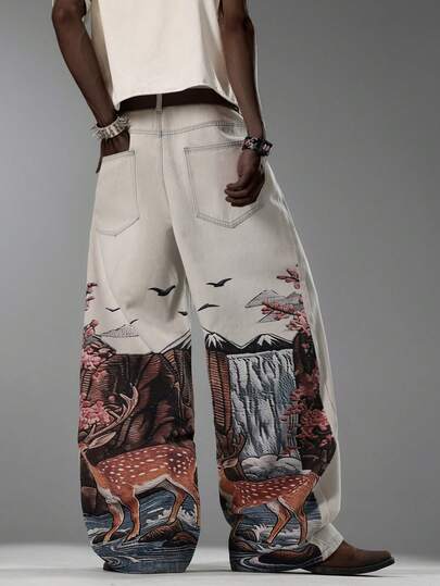 Men's Chinese Style Jeans, Artistic Digital Printed Wide Leg Pants, All Season Comfort Casual Trousers (Belt & Accessories Not Included)