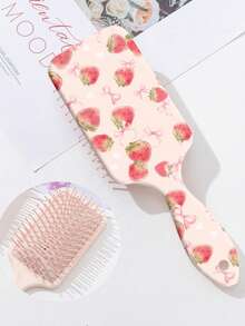 Pink Bow Strawberry Print Square Air Cushion Comb, Wet & Dry Use, ABS Detangling Massage Brush - Multicolor - View 4