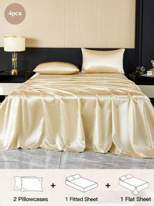 4pcs Champagne Color Premium Solid Color Silky Satin Bed Sheet Set, 1 Fitted Sheet & 1 Flat Sheet & 2 Pillowcases Bedding Mattress Protector Set (Pillow Inserts Not Included) Deep Pocket Design Up To 11.8 Inches, Home Textiles - Champagne - View 2