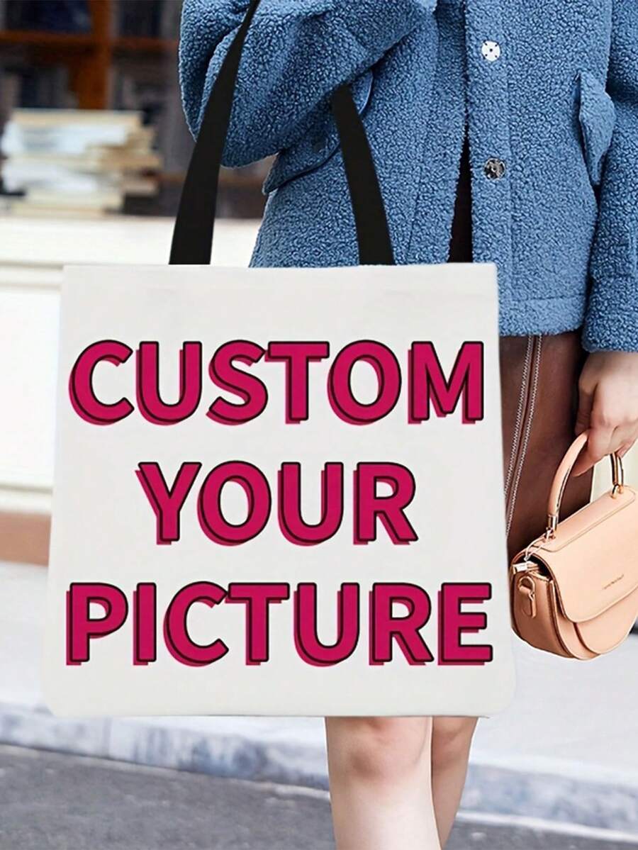 Custom Photo & Text Tote Bag – Personalized Reusable Shoulder Shopping Bag, Foldable Design (Polyester, Multiple Colors)