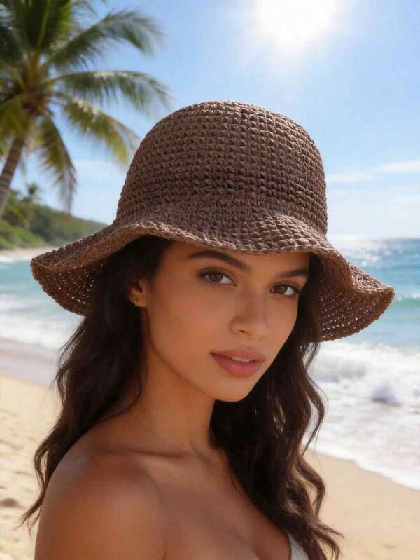Straw Bucket Hats For Women Man, Summer Sun Hat With Wide Brim, Hand-Woven Crochet Beach Hat, Breathable Travel Cap For Outdoor, Vacation, Daily Use