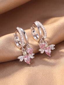 1 Pair Sweet Cool Pink Zirconia Heart Teardrop Wing Double Pendant Double Layer Earrings, Suitable For Women's Spring Date And Daily Wear - Wing - View 8