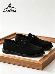 Salkin 經典設計手工男士莫卡辛鞋 平價奢華一腳蹬樂福鞋 男士柔軟麂皮鞋 日常休閒平底開車鞋 - 黑色 - 查看 7