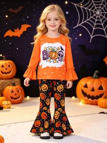 2pcs/Set Pakaian Anak Perempuan Kasual Motif Atasan Lengan Panjang & Celana Panjang Model Flare Motif Potongan Acak, Musim Semi/Musim Gugur Halloween - Jeruk - View 2