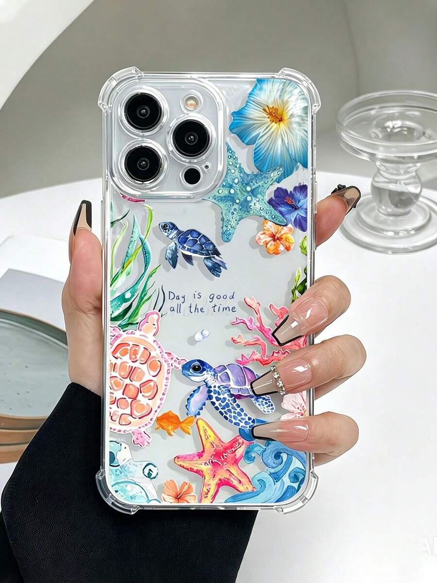 1pc Summer Fashion Cute Turtle, Starfish, Floral Pattern Printed Phone Case, TPU Four-Corner Anti-Drop Protective Cover, Suitable For IPhone17/17Pro/17ProMax/16/16Pro/16ProMax/15/15Pro/15ProMax/14/13/12/11, Daily Gift For Family, Friends And Lovers - Multicolor - View 1