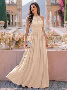 MIUSOL Sequin Floral Lace Halter Neck Sleeveless Ruched Chiffon Formal Party Long Dress, Formal Evening Gown, Suitable For Wedding Guest, Graduation Ceremony, Dinner - Champagne - View 6