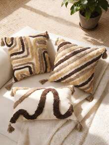 Abstract Tufted Pillow Case, Mid-Century Modern Geometric Pattern Cushion Cover, Textured Embroidery Decor, 12x20/18x18 Inches - Brown Desert - View 2