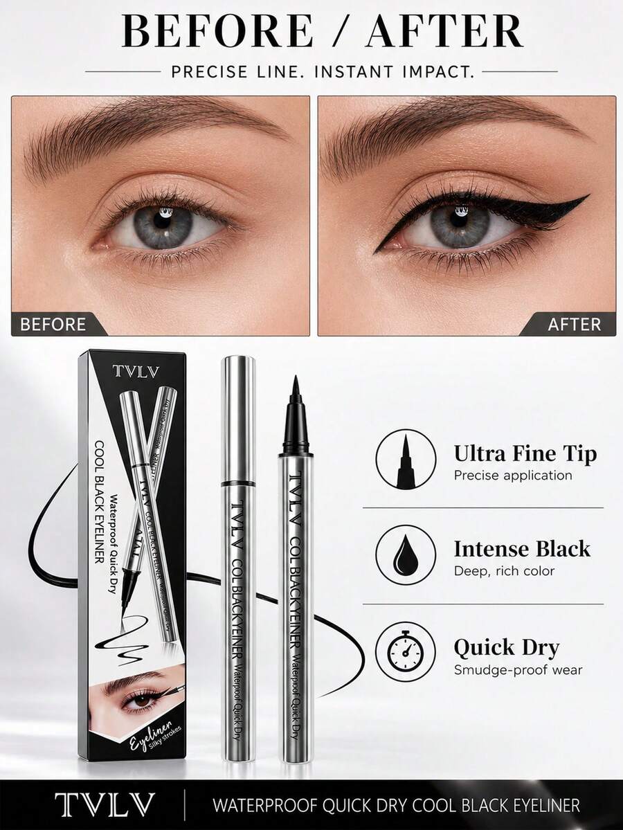 Single-Tip Waterproof Quick-Dry Long-Lasting Smudge-Proof Deep Black Eyeliner, Natural Color, Smooth Application, Suitable For Beginners - Black - View 1