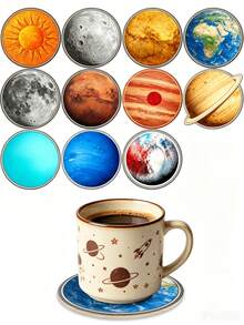 11/5/1pc Solar System Planet Wooden Coasters Round Heat Resistant Drink Cup Mats Space Astronomy Decor Coffee Table Protector Novelty Home Kitchen Decor Holiday Birthday Housewarming Party Gift For Space Lovers - Multicolor - View 2