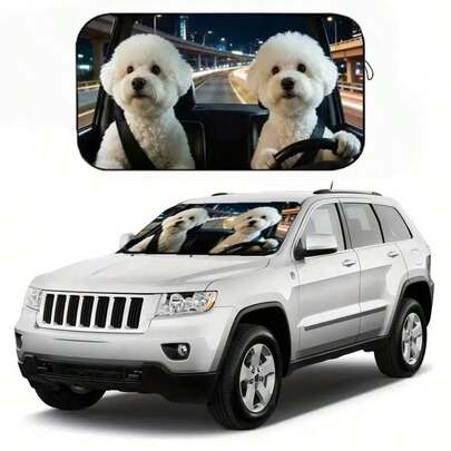 1件/2件裝可愛比熊犬車用遮陽簾，聚酯纖維材質，適用於多款車型前擋風玻璃，隔熱與隱私保護功能，保持車內涼爽，可折疊方便收納