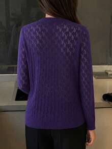 Fashion Women's Casual Hollow Out Long Sleeve Round Neck Knit Sweater Summer Style - Purple - View 2