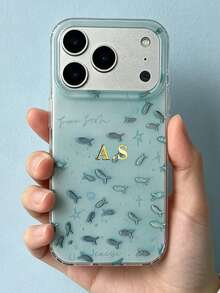 [Customized] Personalized Customized Letters Golden Custom Name Shell Small Fish Pattern Phone Case Compatible With IPhone 17 Pro Max 17 16 15 14 13 12 Pro Max 14 15 16 Plus Shockproof Protective Cover - Blue - View 2