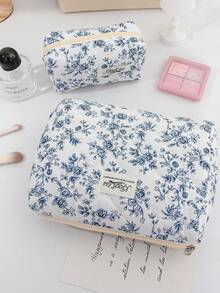 3pcs Blue Vintage Floral Quilted Makeup Bag Set, Portable Travel Toiletry Bag, Soft Zipper Makeup Organizer Bag, Small Pencil Case, Vintage Elegant Floral Print Bag, Suitable For Women's Daily Makeup, Skincare, Stationery And Travel Use - Beauty and Makeup Bag - View 6
