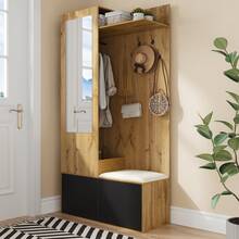 Entryway Wardrobe Set With 5 Hooks, Mirror And Bench - Black & Natural - 黑與自然 - 查看 6
