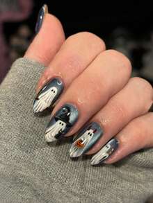 Halloween, 24pcs/Set Medium-Long Cat Eye Dark Night Cute Ghost Design Full Coverage Press-On Nails, Includes: 1pc Jelly Glue And 1pc Nail File, Suitable For Women And Girls Daily, Party And Other Occasions. - Multicolor - View 1