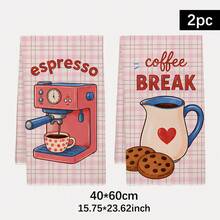 2PCS Kitchen Towels Pink Plaid Coffee Healing Theme Pattern Print 40*60cm Rectangular Microfiber Kitchen Towels, Dish Cloths, Tablecloths, Hand Towels, Kitchen Decor, Home Decor, Housewarming Gift For Neighbors, Perfect For Kitchen And Bathroom Use, Suitable For Housewives And Family Gatherings, High Cost-Performance, Home Essential - Watermelon Pink - View 2