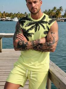 Men's Coconut Tree Pattern Sleeveless Tank Top Set, Men's Vacation Style Sleeveless Tank Top And Beach Shorts - Multicolor - View 2