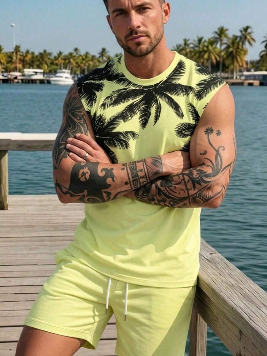 Men's Coconut Tree Pattern Sleeveless Tank Top Set, Men's Vacation Style Sleeveless Tank Top And Beach Shorts