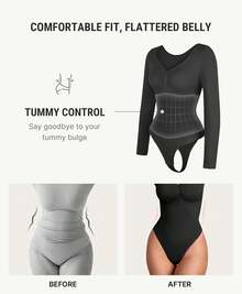 FeelinGirl Women's Long Sleeve Shapewear Bodysuit For Tummy Control Seamless Body Suits Thong V Neck Going Out Tops - Black - View 4