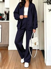 2pcs Women's Button-Down Off-Shoulder Slimming Minimalist Streetwear Long Sleeve Sweatshirt Sweatshirt & Wide Leg Pants Set, Athletic Fitness Home Yoga Casual Travel Daily Wear Elegant Lady Style Autumn New 2026 - Navy Blue - View 6