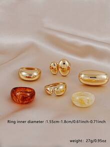 6pcs Exaggerated Chunky Smooth Heavy Metal Resin Ring Set, Stackable, Suitable For Women's Party, Daily Wear, Jewelry - Multicolor - View 4
