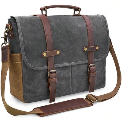 Mens Messenger Bag 15.6 Inch Waterproof Vintage Genuine Leather Waxed Canvas Briefcase Large Leather Computer Laptop Bag Rugged Satchel Shoulder Bag