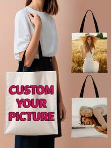 Custom Photo & Text Tote Bag – Personalized Reusable Shoulder Shopping Bag, Foldable Design (Polyester, Multiple Colors) - Multicolor - View 2