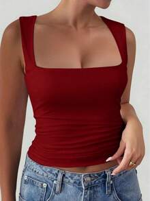 女款 Y2K 休閒純色方領修身顯身材背心上衣 夏季 - 酒紅色 - 查看 5