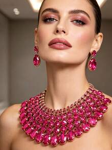 3pcs/Set Fashionable Elegant Geometric Rhinestone Necklace & Earrings Jewelry Set, Suitable For Wedding, Banquet, Party - Multicolor 2 - View 2