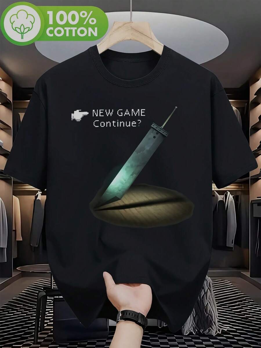 FF7 Menu New Game Herren-T-Shirt - Lustiges T-Shirt mit grafischem Schwert-Print von FF7, lässiges schwarzes T-Shirt mit Rundhalsausschnitt und kurzen Ärmeln, geeignet für Gaming und den täglichen Gebrauch, Pas