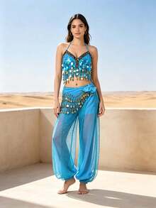 Professional Belly Dance Coin Fringe Halter Crop Top With Waist Scarf, Elastic Waist Dot Mesh Harem Pants For Dance Training, Stage Shows And Competitions - Multicolor - View 21