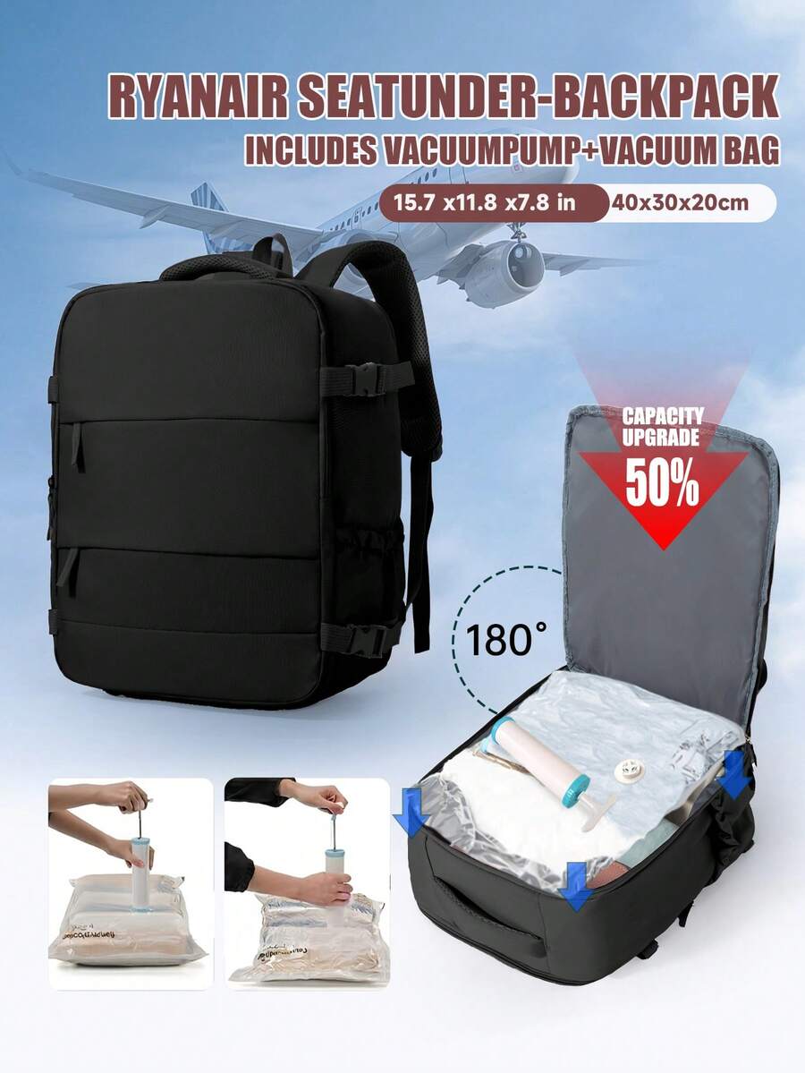 Wizz Air Ryanair Cabin Backpack 40x20x30cm - 14" Laptop Compartment, Includes Vacuum Compression Bag & Hand Pump Set