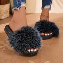 Women's Long Fur Thick Sole Fuzzy Slippers, Faux Raccoon Fur Wide Strap Strap Slide, Anti-Slip Platform Sole, Casual Outdoor Slippers - Royal Blue - View 5